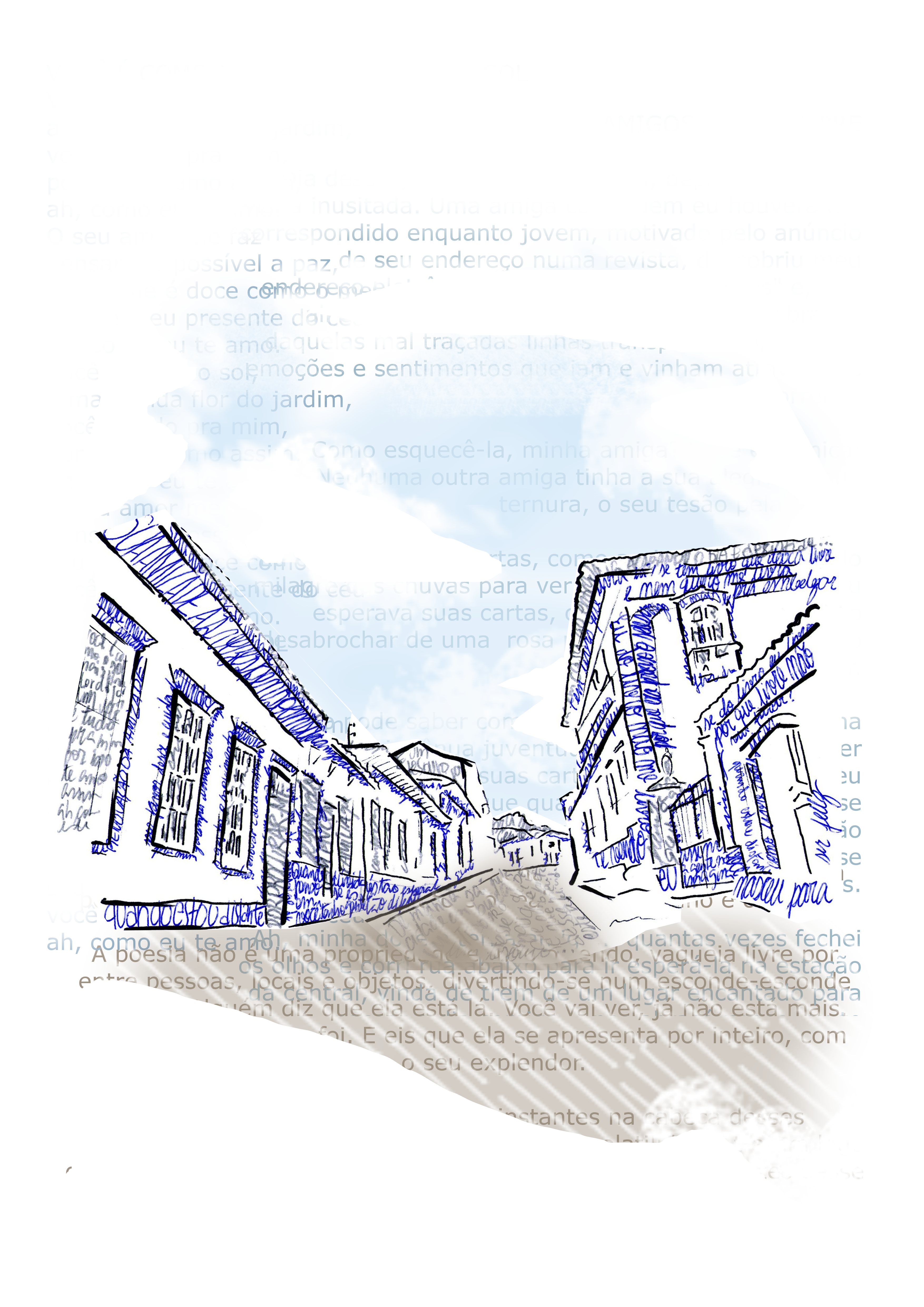 Imagem de fundo: desenho da rua principal de Sabará com trechos de poemas do autor Silas da Fonseca